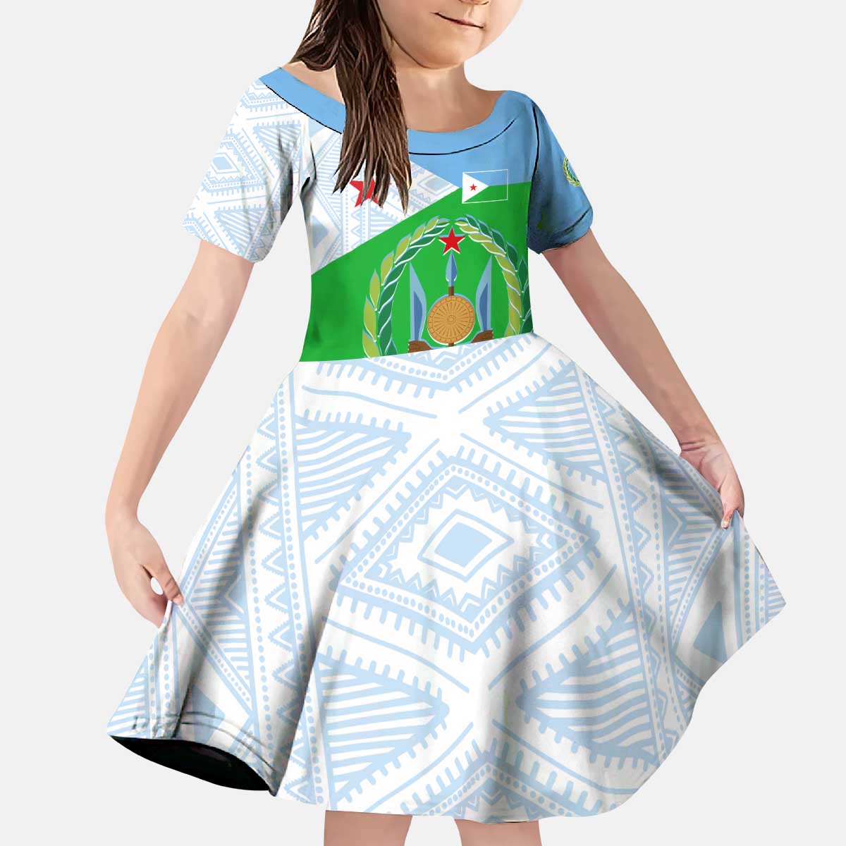 Djibouti Cultural Kid Short Sleeve Dress National Emblem, Tribal Motifs and Red Star Symbol of Unity
