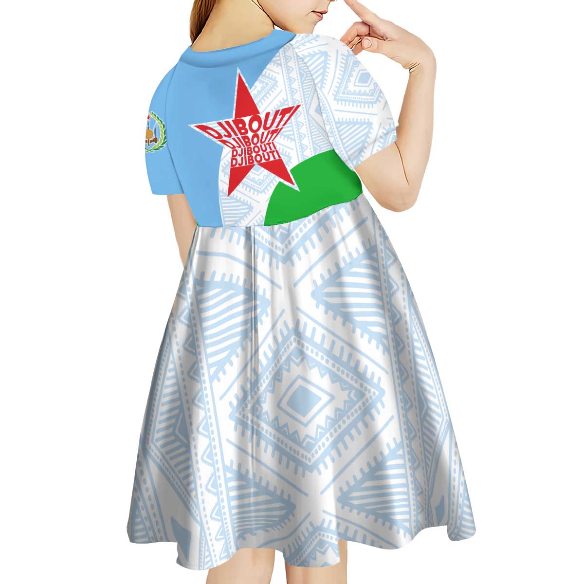 Djibouti Cultural Kid Short Sleeve Dress National Emblem, Tribal Motifs and Red Star Symbol of Unity