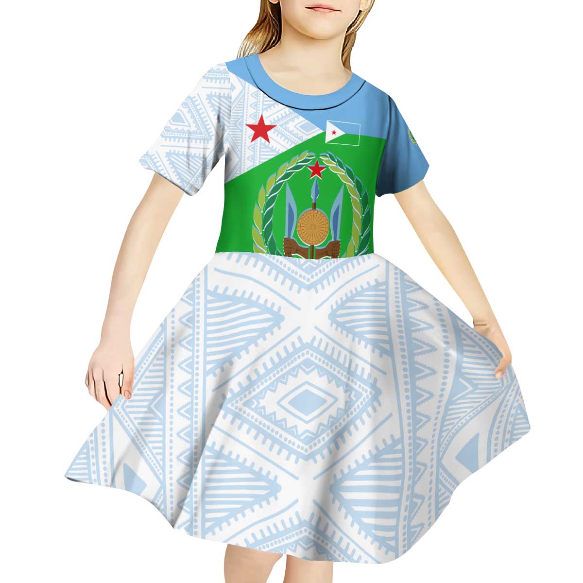 Djibouti Cultural Kid Short Sleeve Dress National Emblem, Tribal Motifs and Red Star Symbol of Unity