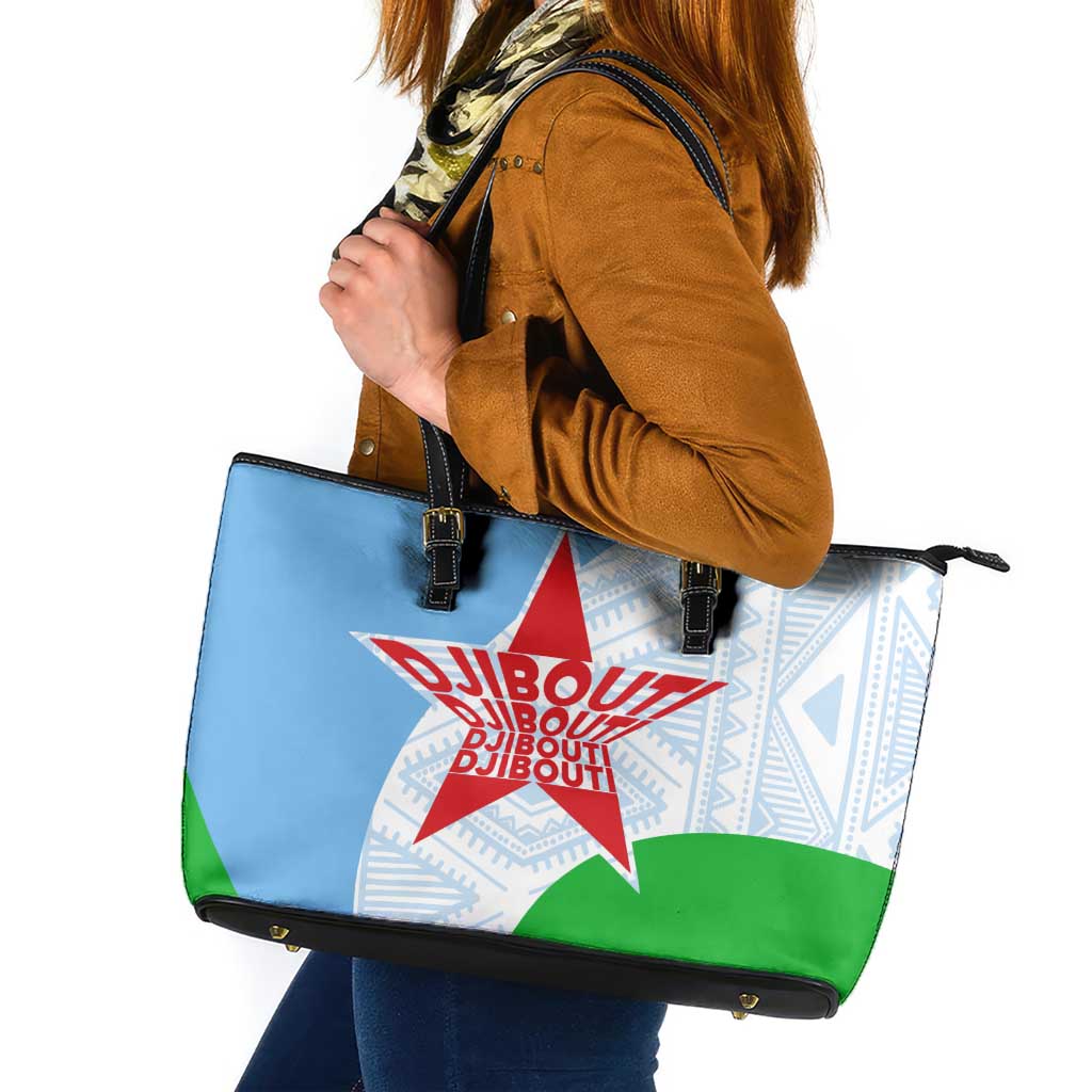 Djibouti Cultural Leather Tote Bag National Emblem, Tribal Motifs and Red Star Symbol of Unity