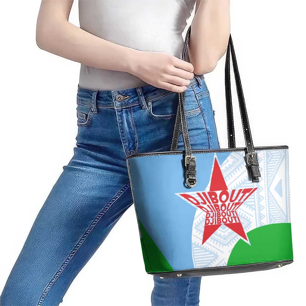 Djibouti Cultural Leather Tote Bag National Emblem, Tribal Motifs and Red Star Symbol of Unity