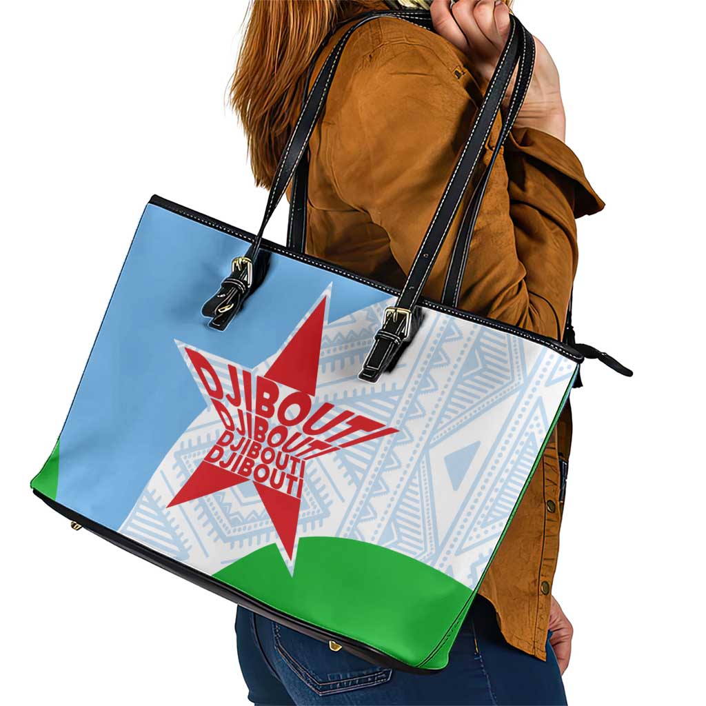 Djibouti Cultural Leather Tote Bag National Emblem, Tribal Motifs and Red Star Symbol of Unity