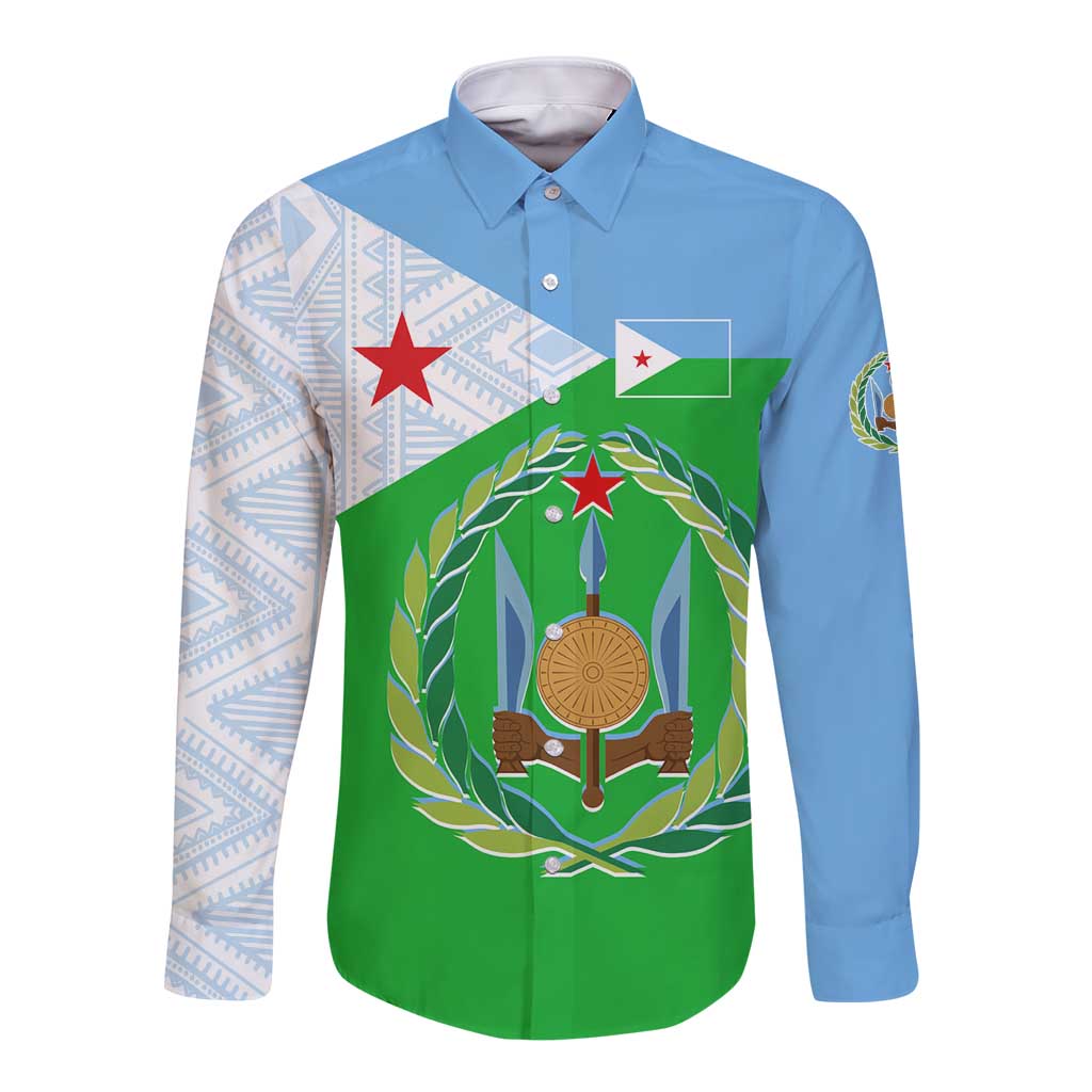 Djibouti Cultural Long Sleeve Button Shirt National Emblem, Tribal Motifs and Red Star Symbol of Unity