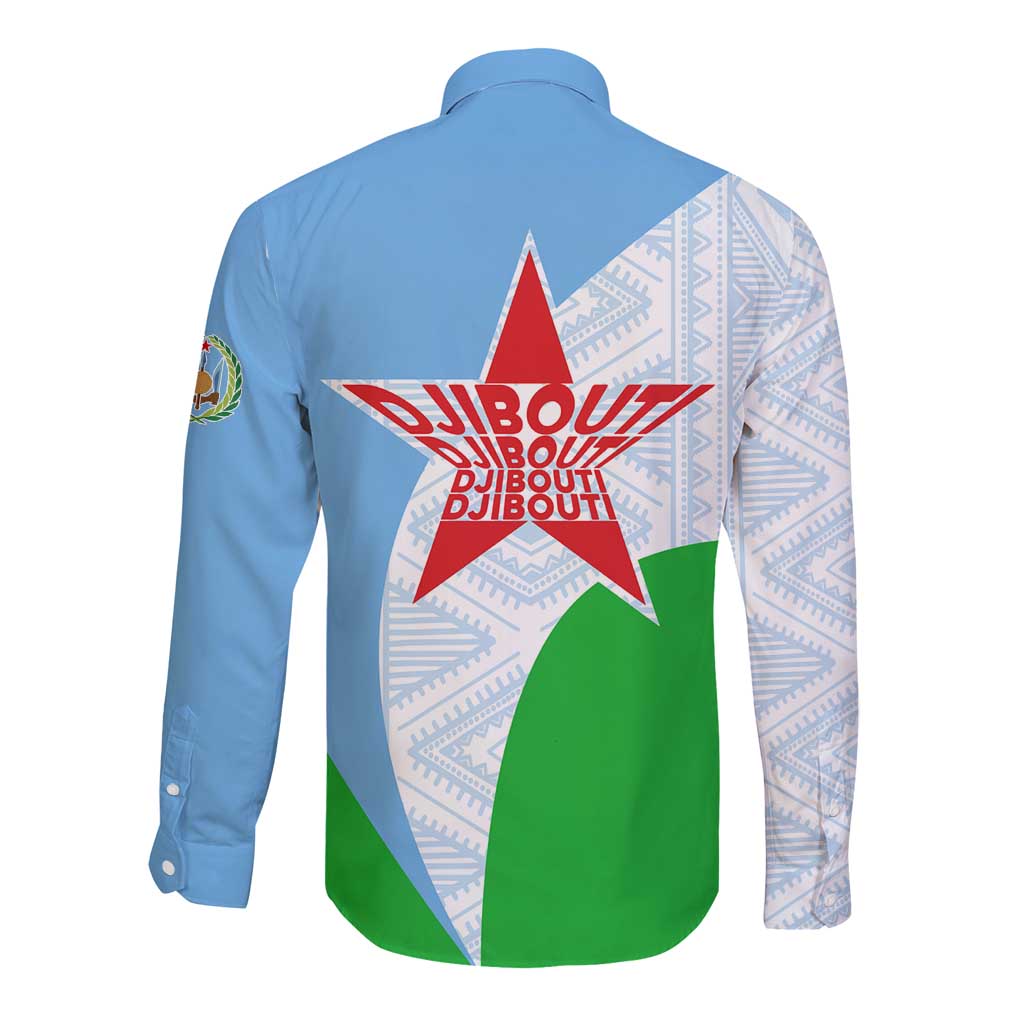 Djibouti Cultural Long Sleeve Button Shirt National Emblem, Tribal Motifs and Red Star Symbol of Unity
