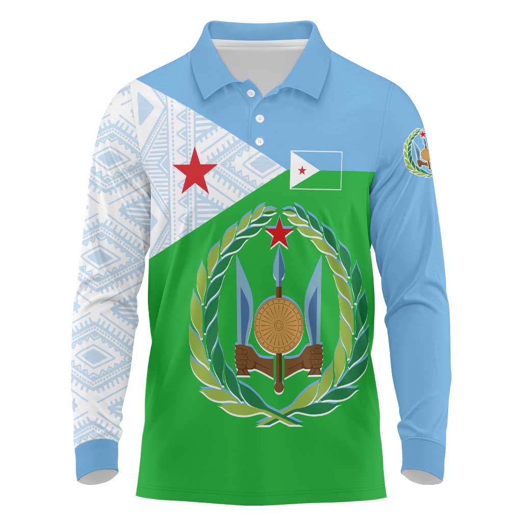 Djibouti Cultural Long Sleeve Polo Shirt National Emblem, Tribal Motifs and Red Star Symbol of Unity