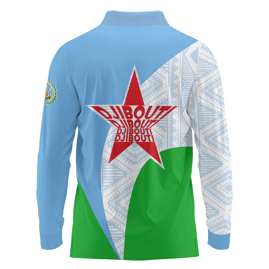 Djibouti Cultural Long Sleeve Polo Shirt National Emblem, Tribal Motifs and Red Star Symbol of Unity