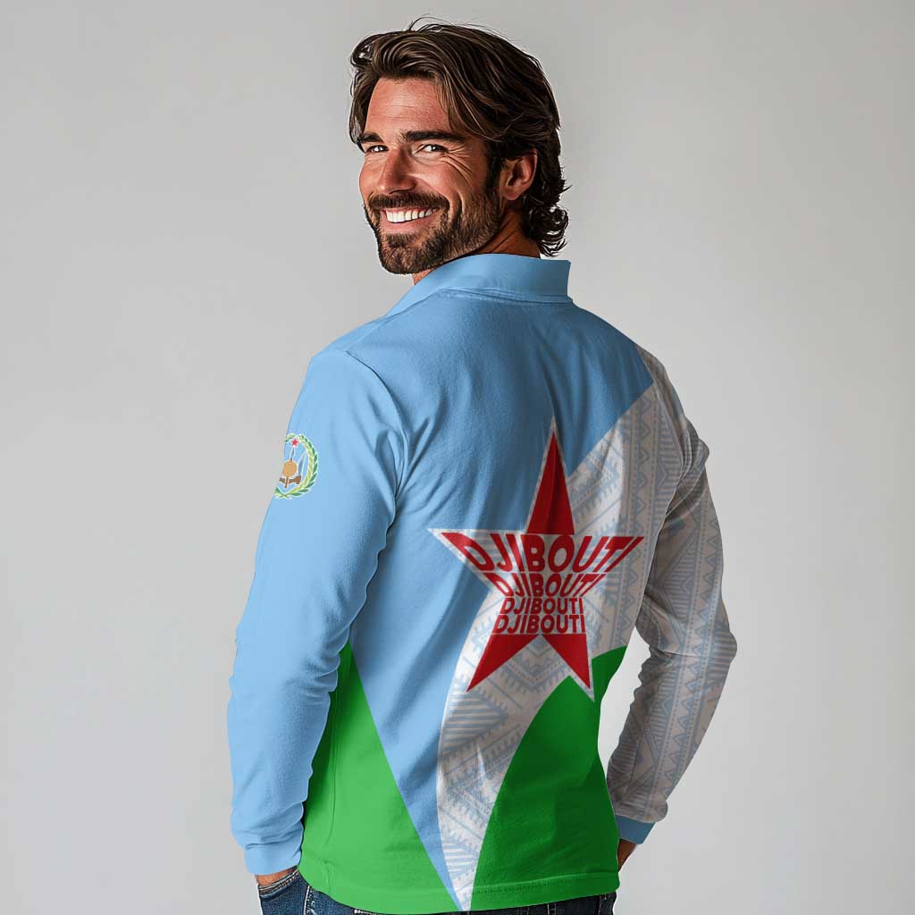 Djibouti Cultural Long Sleeve Polo Shirt National Emblem, Tribal Motifs and Red Star Symbol of Unity