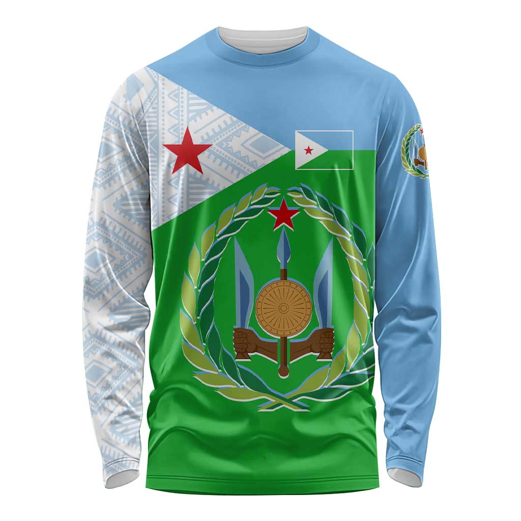 Djibouti Cultural Long Sleeve Shirt National Emblem, Tribal Motifs and Red Star Symbol of Unity