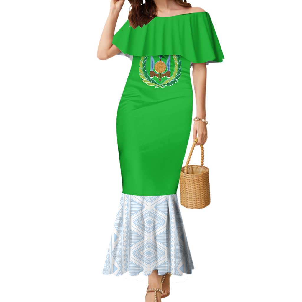Djibouti Cultural Mermaid Dress National Emblem, Tribal Motifs and Red Star Symbol of Unity