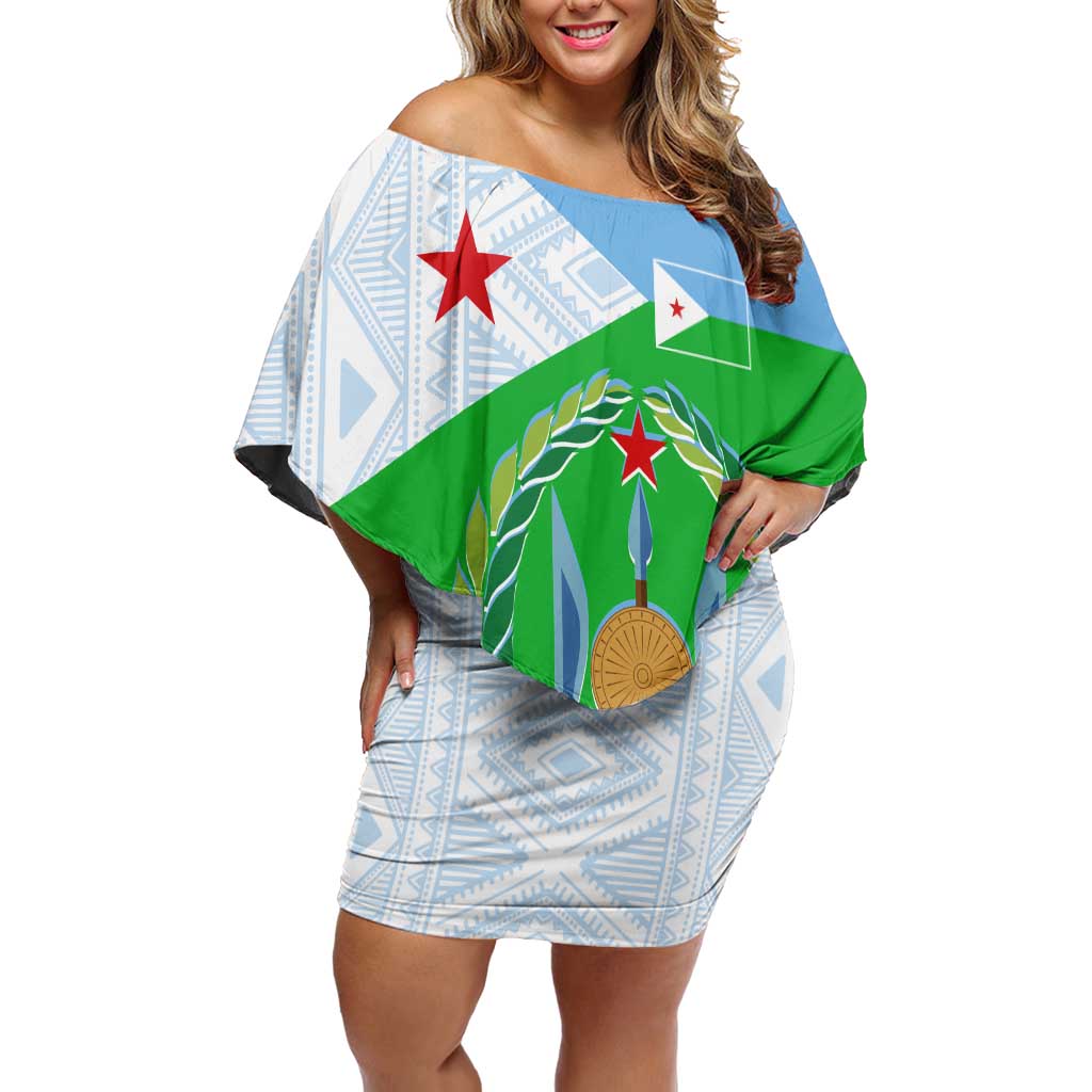 Djibouti Cultural Off Shoulder Short Dress National Emblem, Tribal Motifs and Red Star Symbol of Unity