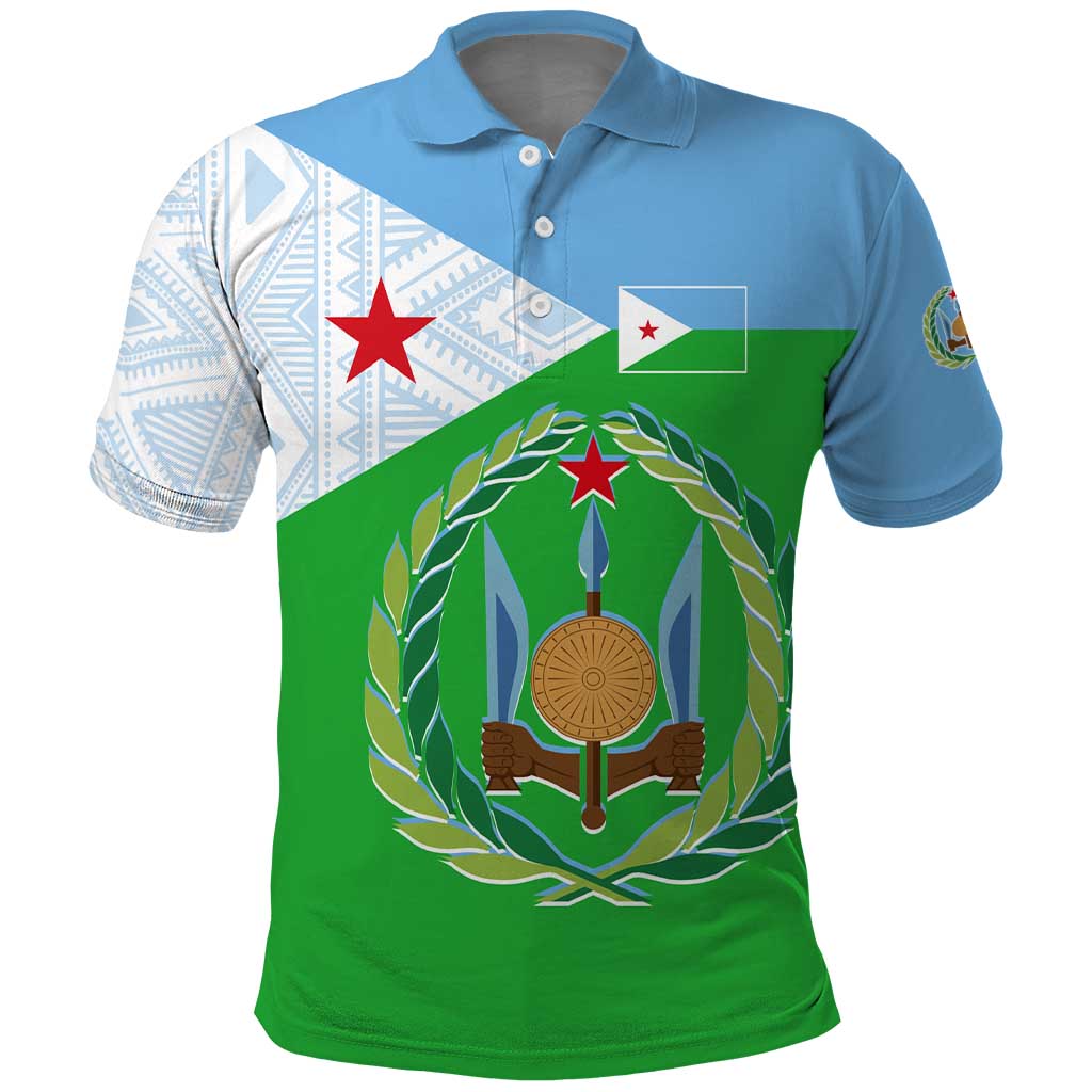 Djibouti Cultural Polo Shirt National Emblem, Tribal Motifs and Red Star Symbol of Unity