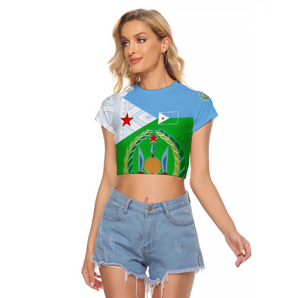 Djibouti Cultural Raglan Cropped T Shirt National Emblem, Tribal Motifs and Red Star Symbol of Unity