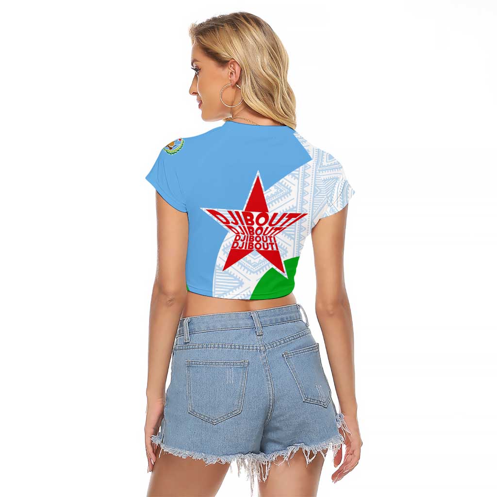 Djibouti Cultural Raglan Cropped T Shirt National Emblem, Tribal Motifs and Red Star Symbol of Unity