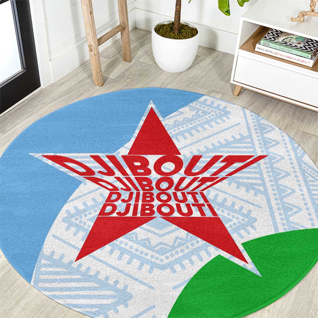 Djibouti Cultural Round Carpet National Emblem, Tribal Motifs and Red Star Symbol of Unity