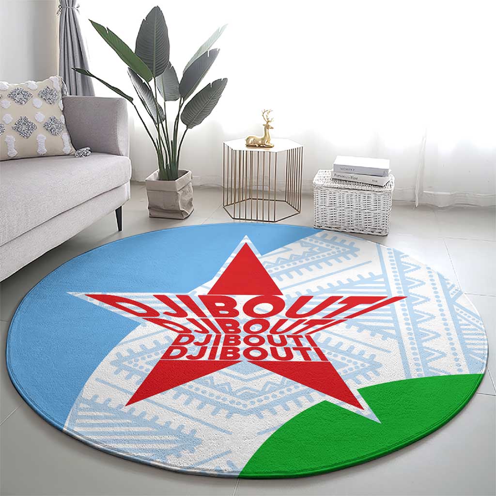 Djibouti Cultural Round Carpet National Emblem, Tribal Motifs and Red Star Symbol of Unity
