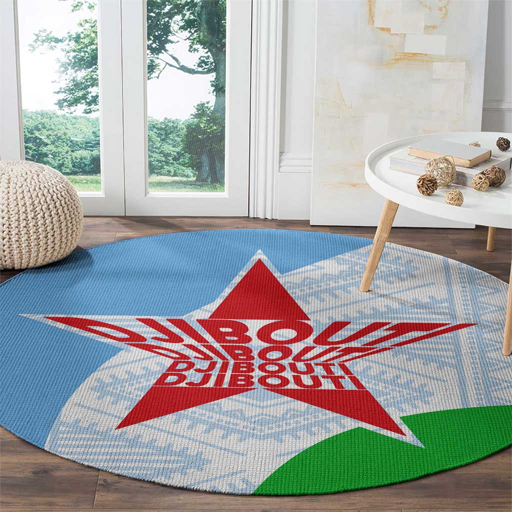 Djibouti Cultural Round Carpet National Emblem, Tribal Motifs and Red Star Symbol of Unity