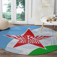 Djibouti Cultural Round Carpet National Emblem, Tribal Motifs and Red Star Symbol of Unity