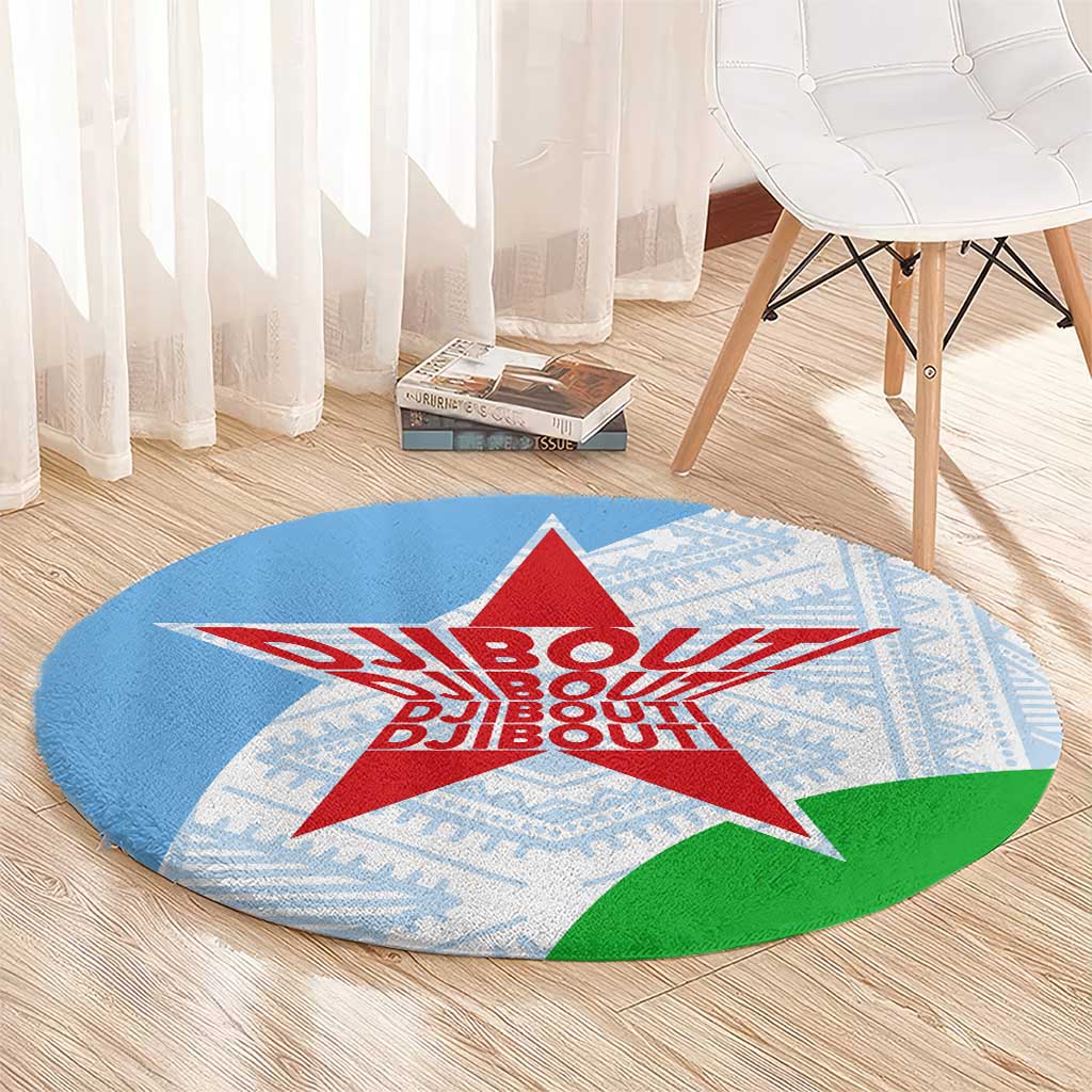 Djibouti Cultural Round Carpet National Emblem, Tribal Motifs and Red Star Symbol of Unity