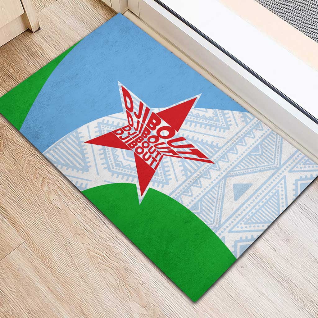 Djibouti Cultural Rubber Doormat National Emblem, Tribal Motifs and Red Star Symbol of Unity