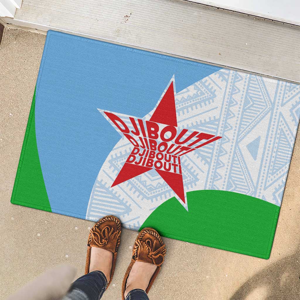 Djibouti Cultural Rubber Doormat National Emblem, Tribal Motifs and Red Star Symbol of Unity