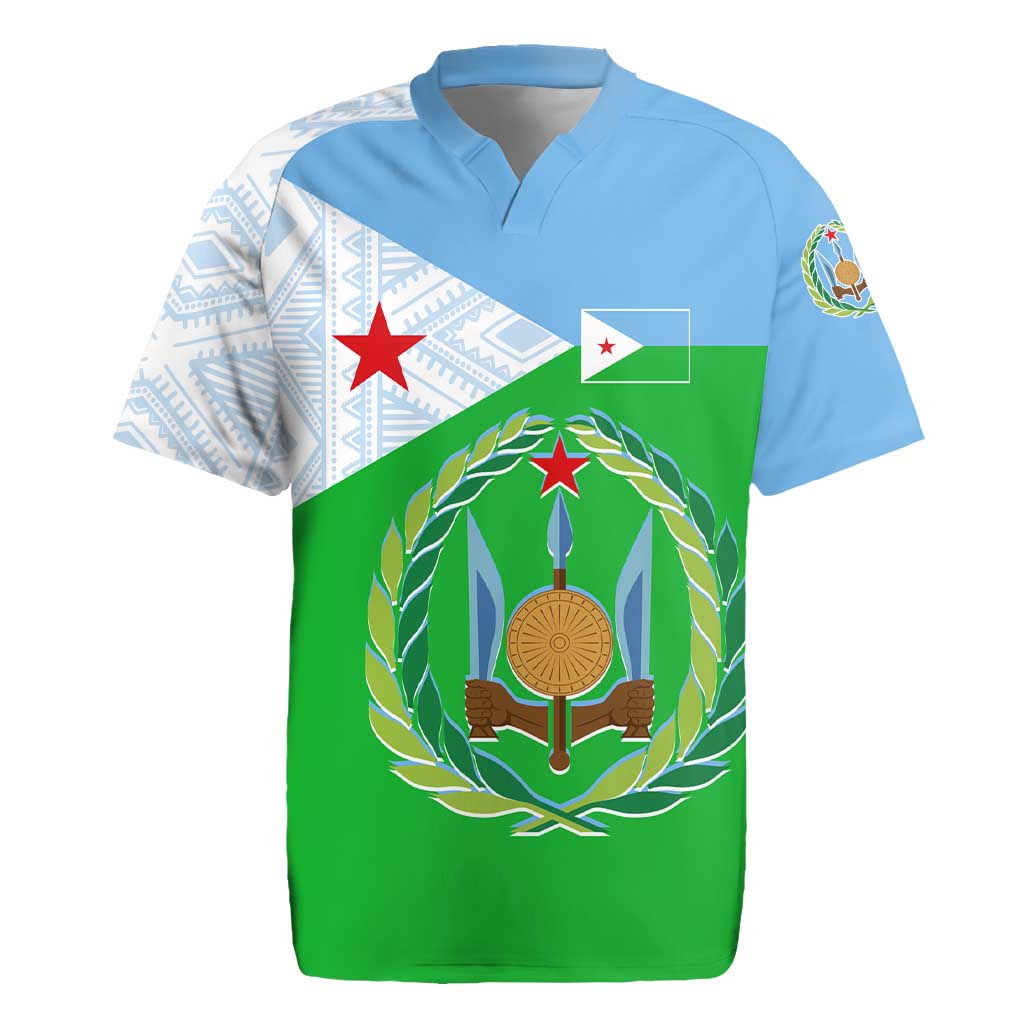 Djibouti Cultural Rugby Jersey National Emblem, Tribal Motifs and Red Star Symbol of Unity