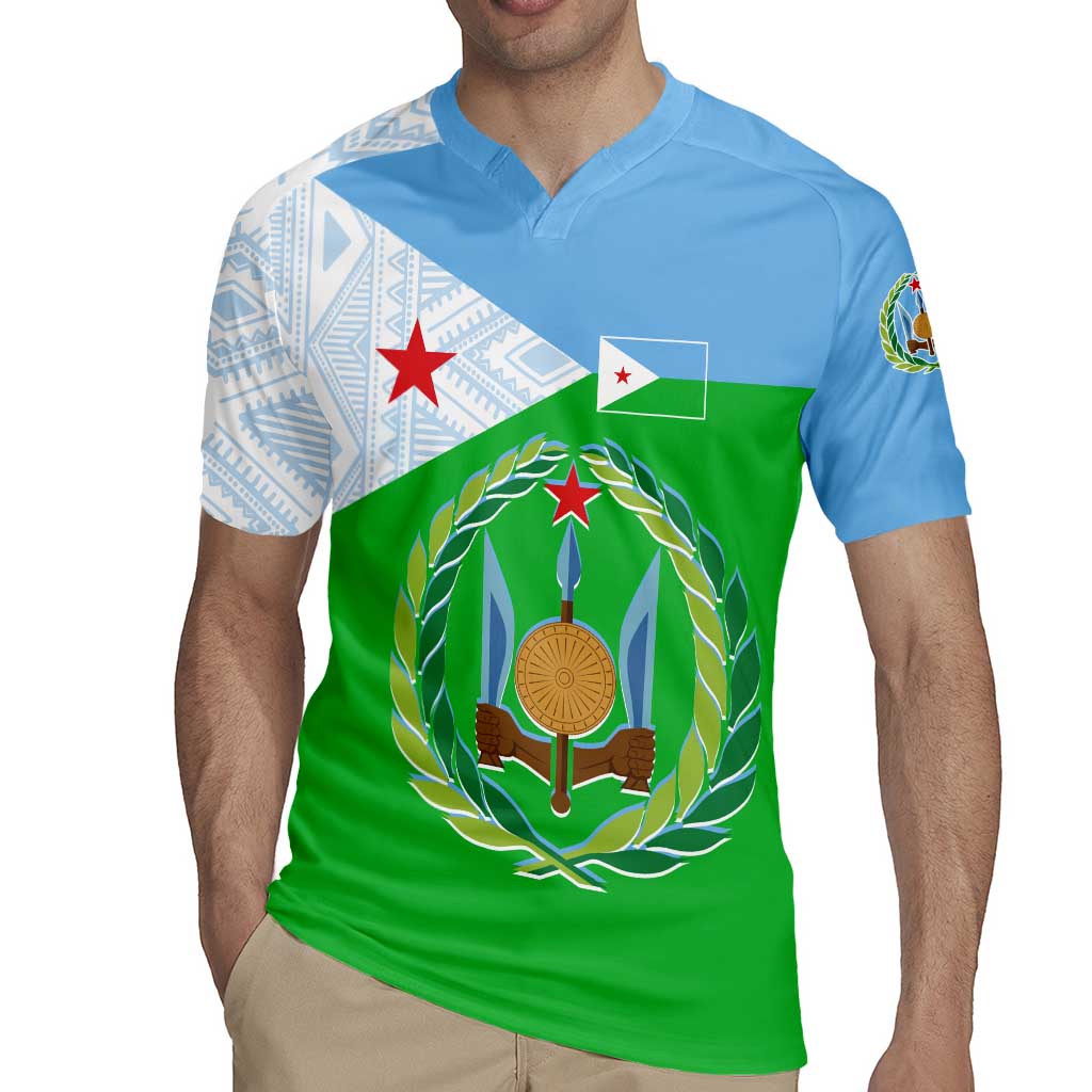 Djibouti Cultural Rugby Jersey National Emblem, Tribal Motifs and Red Star Symbol of Unity