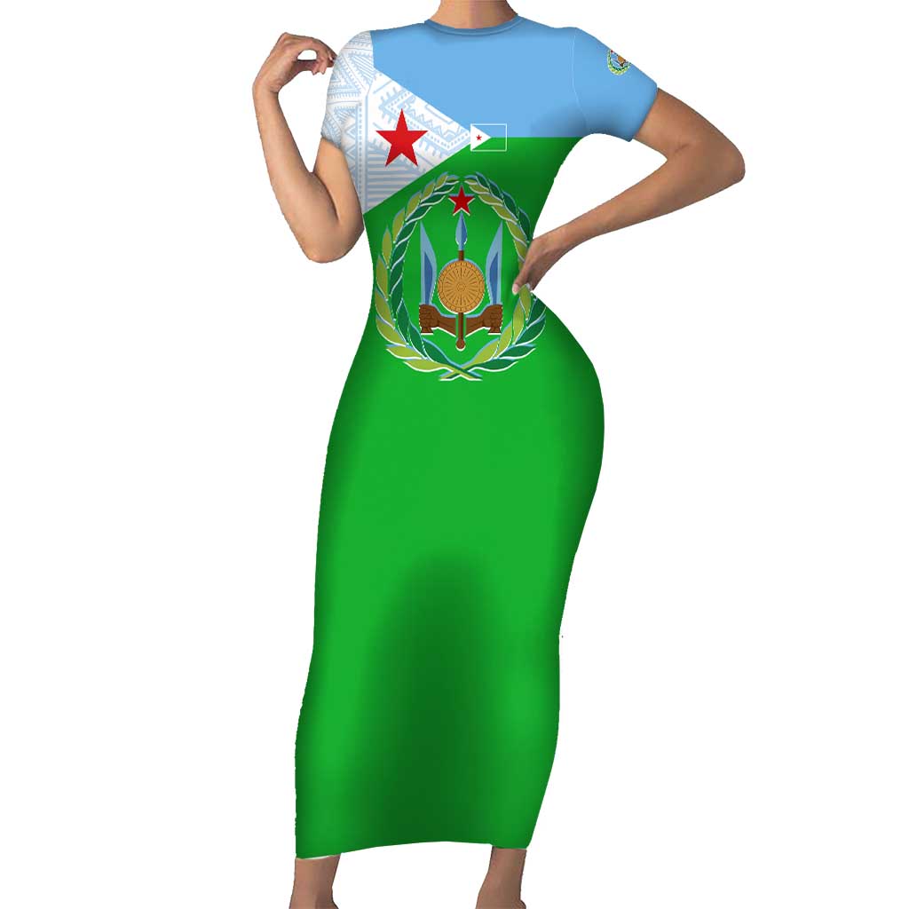 Djibouti Cultural Short Sleeve Bodycon Dress National Emblem, Tribal Motifs and Red Star Symbol of Unity