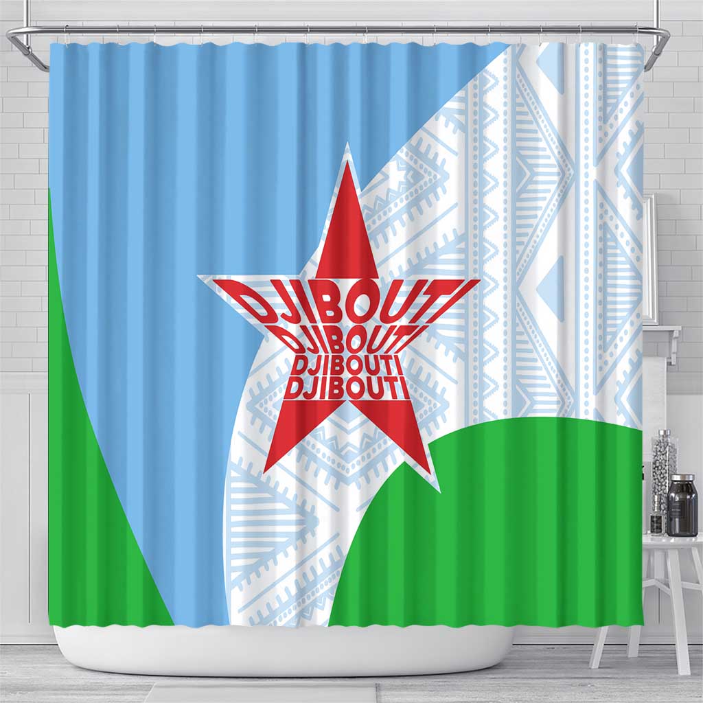 Djibouti Cultural Shower Curtain National Emblem, Tribal Motifs and Red Star Symbol of Unity