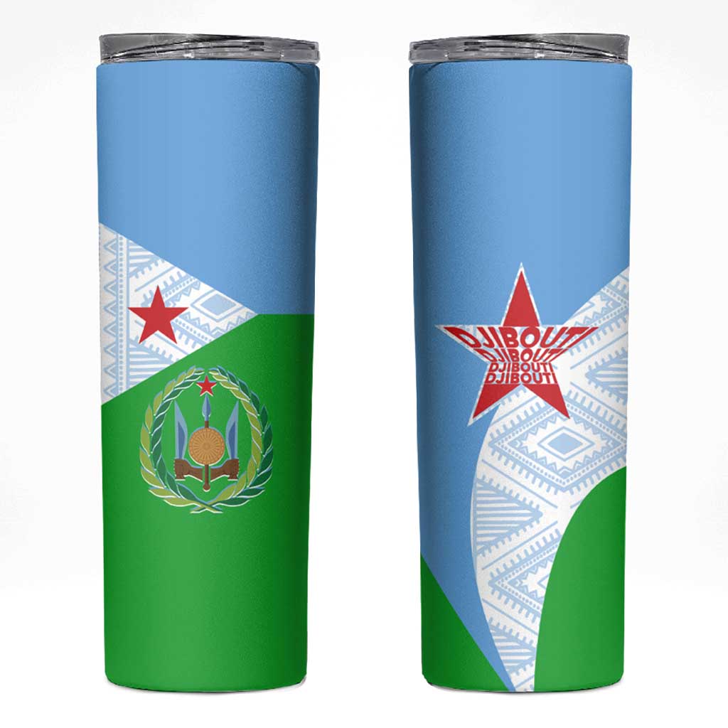 Djibouti Cultural Skinny Tumbler National Emblem, Tribal Motifs and Red Star Symbol of Unity