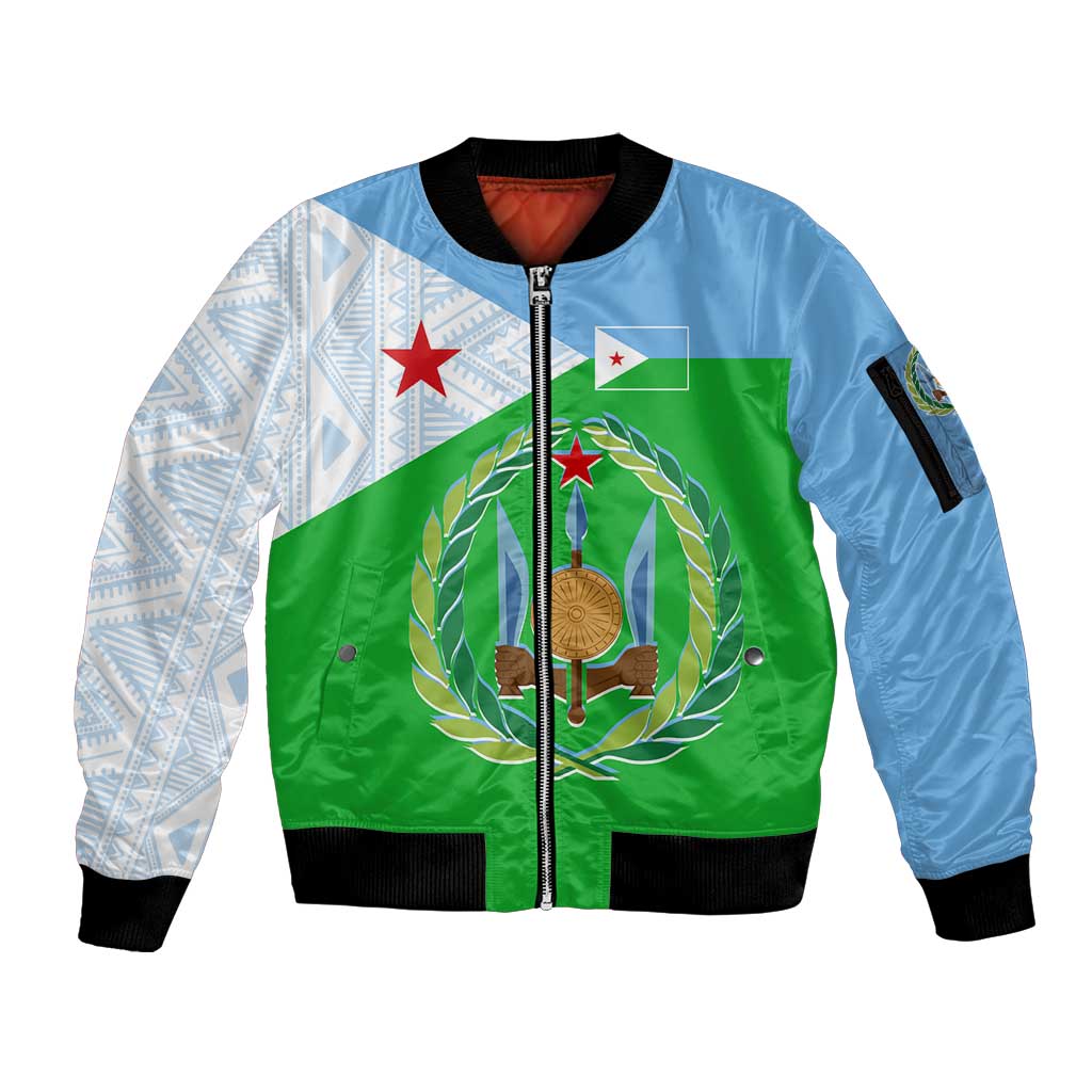 Djibouti Cultural Sleeve Zip Bomber Jacket National Emblem, Tribal Motifs and Red Star Symbol of Unity