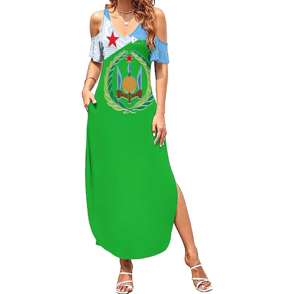 Djibouti Cultural Summer Maxi Dress National Emblem, Tribal Motifs and Red Star Symbol of Unity