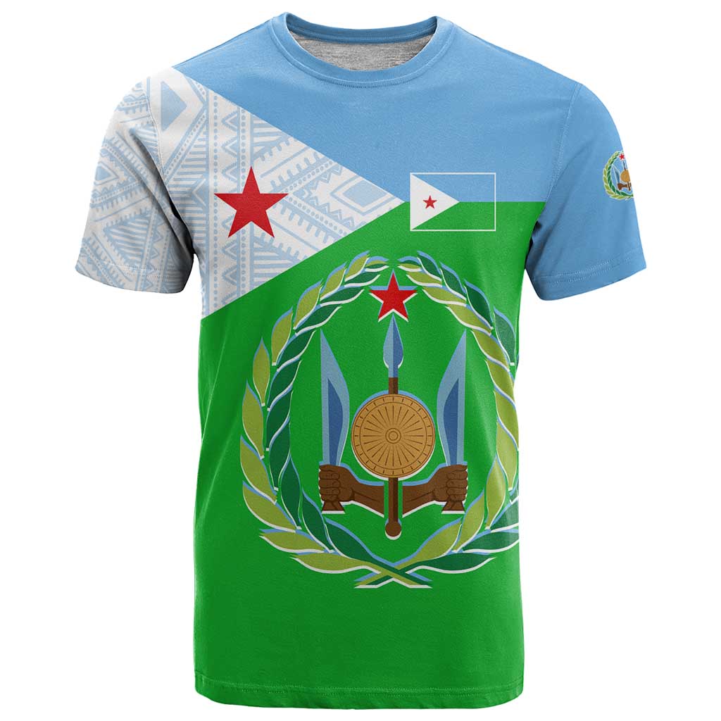 Djibouti Cultural T Shirt National Emblem, Tribal Motifs and Red Star Symbol of Unity