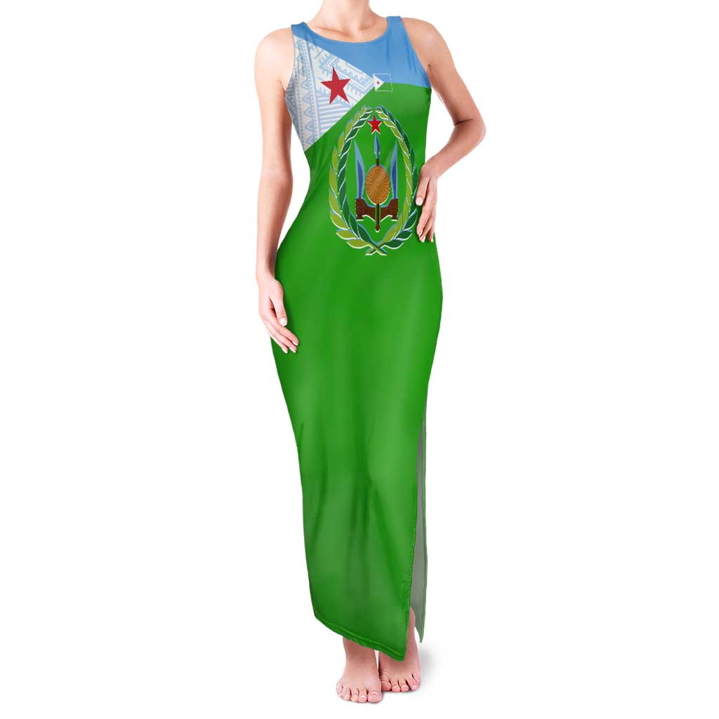 Djibouti Cultural Tank Maxi Dress National Emblem, Tribal Motifs and Red Star Symbol of Unity
