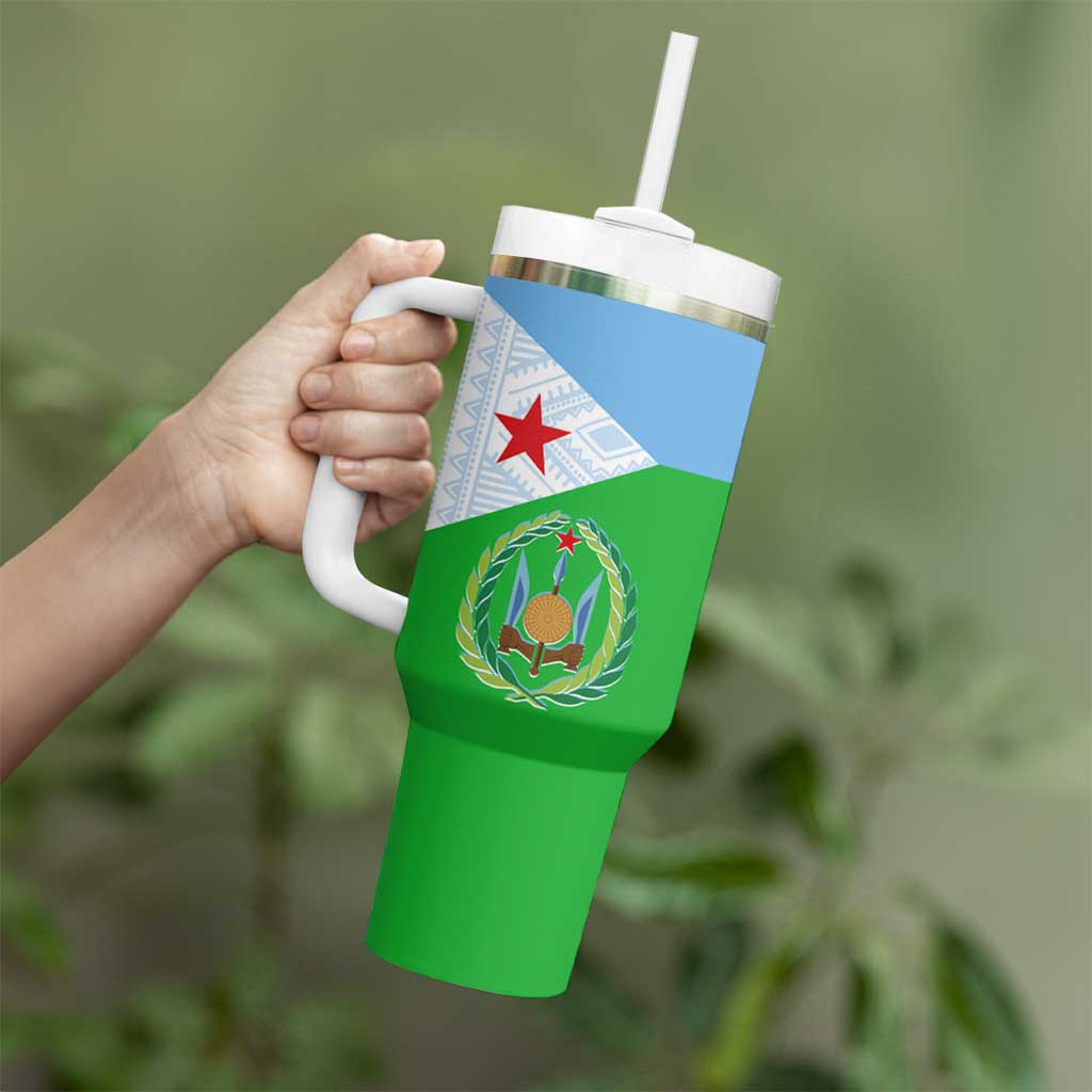 Djibouti Cultural Tumbler With Handle National Emblem, Tribal Motifs and Red Star Symbol of Unity