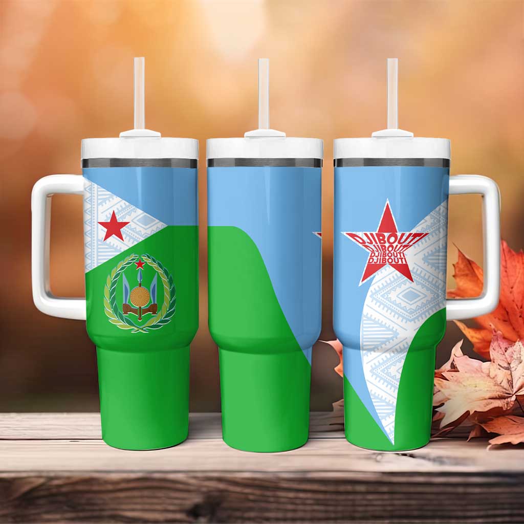 Djibouti Cultural Tumbler With Handle National Emblem, Tribal Motifs and Red Star Symbol of Unity