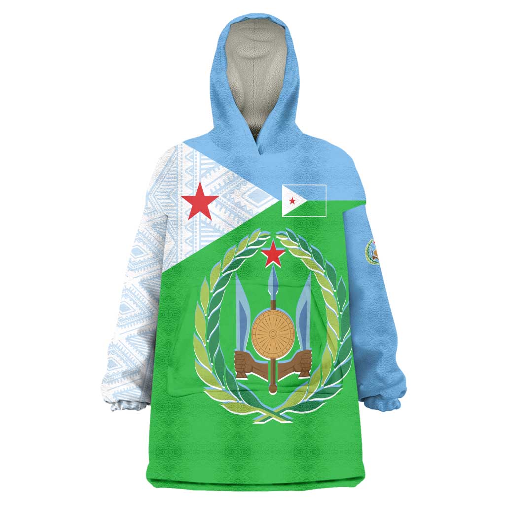Djibouti Cultural Wearable Blanket Hoodie National Emblem, Tribal Motifs and Red Star Symbol of Unity