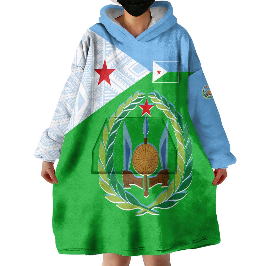 Djibouti Cultural Wearable Blanket Hoodie National Emblem, Tribal Motifs and Red Star Symbol of Unity