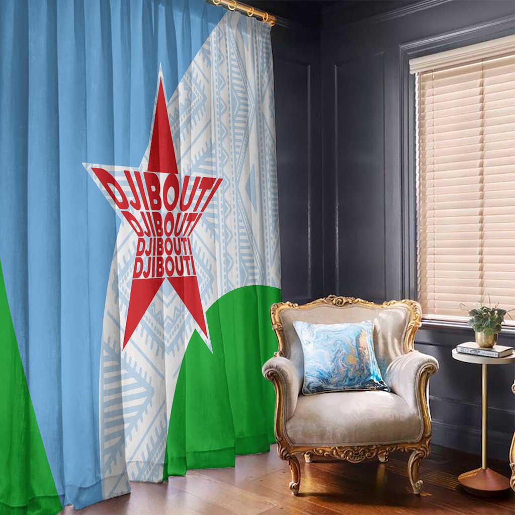 Djibouti Cultural Window Curtain National Emblem, Tribal Motifs and Red Star Symbol of Unity