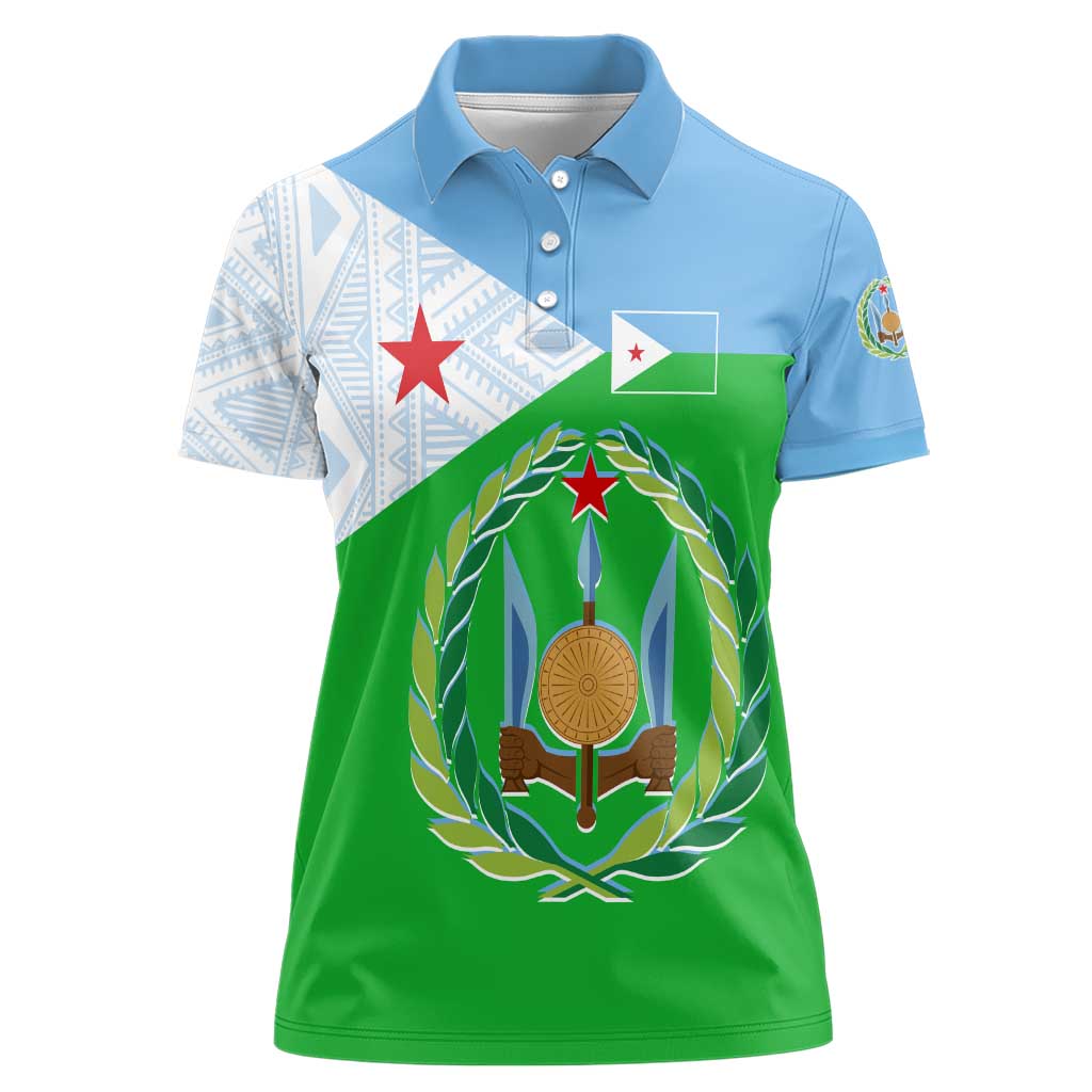Djibouti Cultural Women Polo Shirt National Emblem, Tribal Motifs and Red Star Symbol of Unity