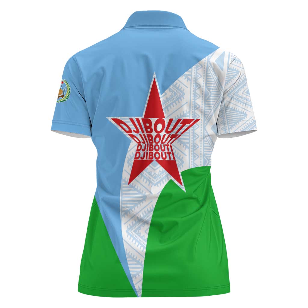 Djibouti Cultural Women Polo Shirt National Emblem, Tribal Motifs and Red Star Symbol of Unity