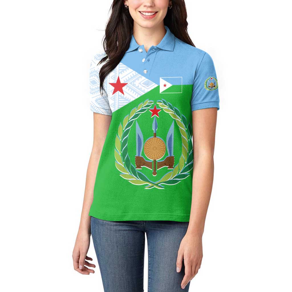 Djibouti Cultural Women Polo Shirt National Emblem, Tribal Motifs and Red Star Symbol of Unity