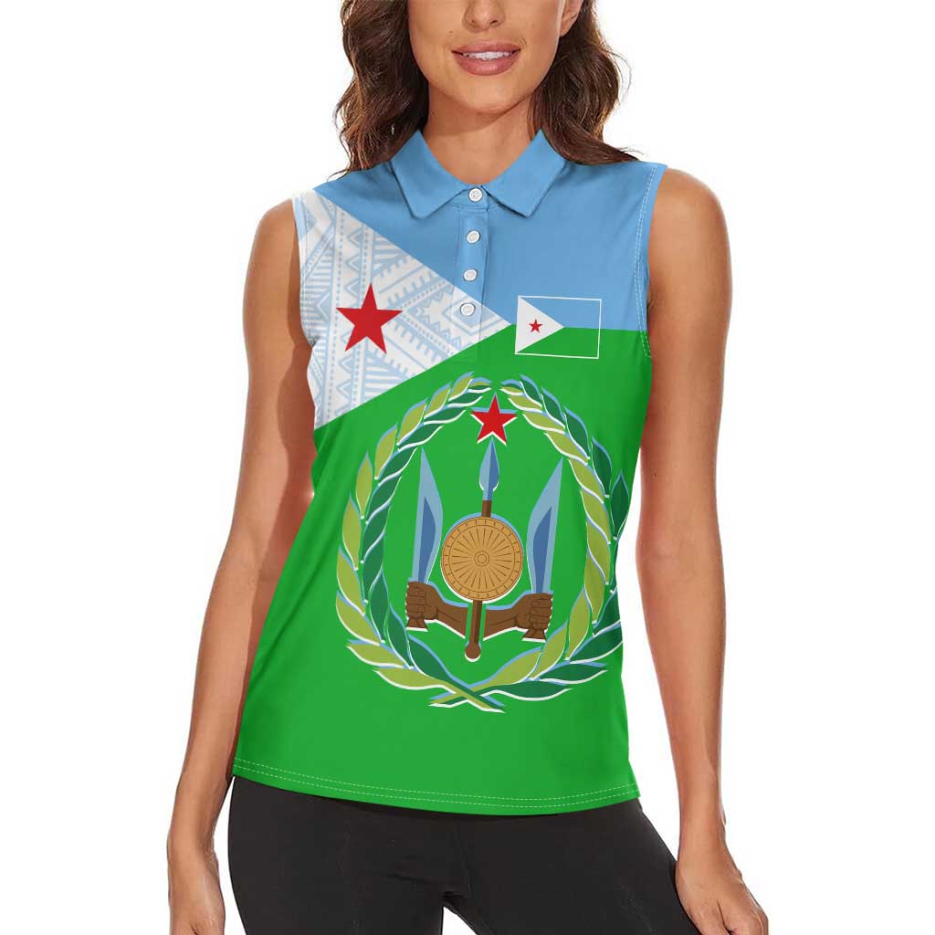 Djibouti Cultural Women Sleeveless Polo Shirt National Emblem, Tribal Motifs and Red Star Symbol of Unity