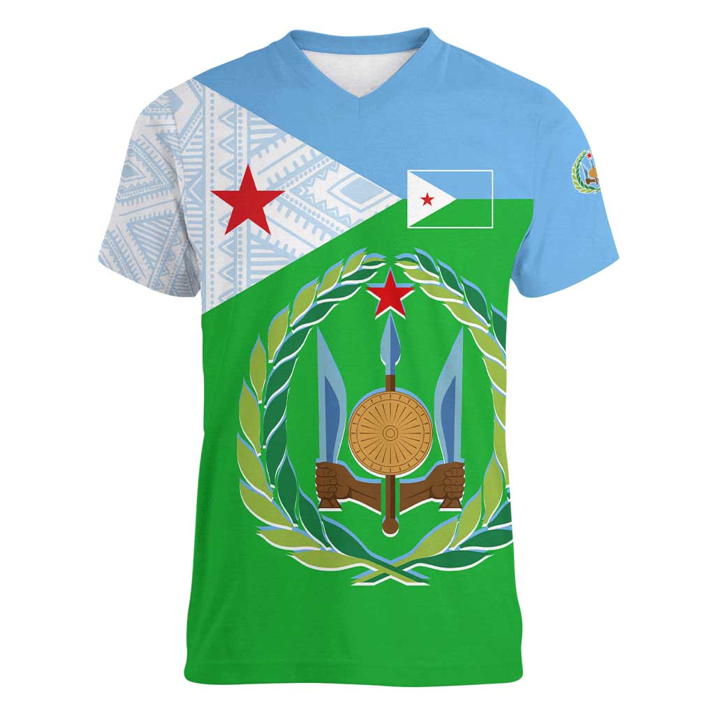 Djibouti Cultural Women V-Neck T-Shirt National Emblem, Tribal Motifs and Red Star Symbol of Unity