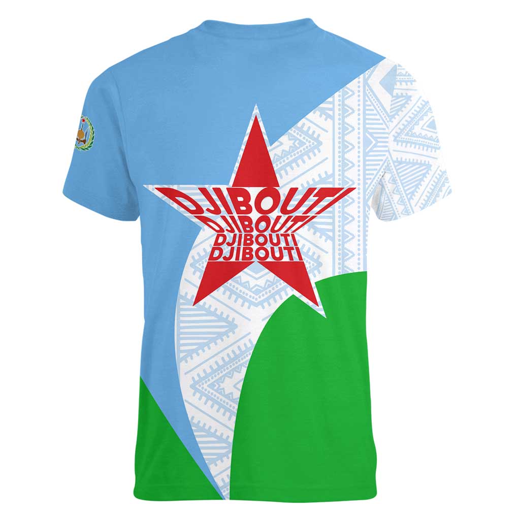 Djibouti Cultural Women V-Neck T-Shirt National Emblem, Tribal Motifs and Red Star Symbol of Unity