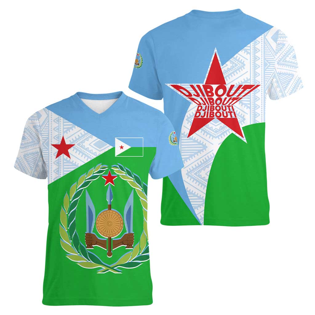 Djibouti Cultural Women V-Neck T-Shirt National Emblem, Tribal Motifs and Red Star Symbol of Unity