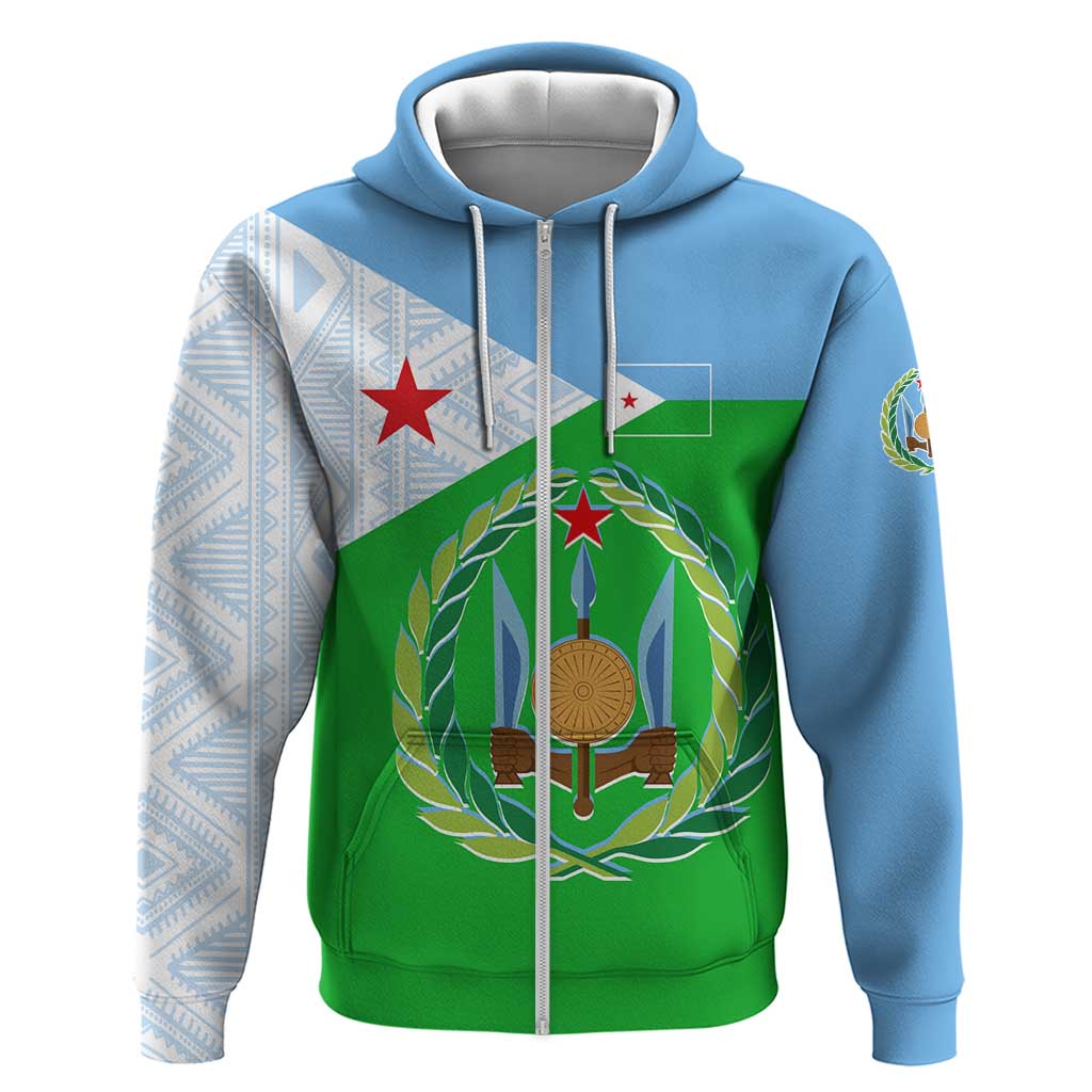 Djibouti Cultural Zip Hoodie National Emblem, Tribal Motifs and Red Star Symbol of Unity
