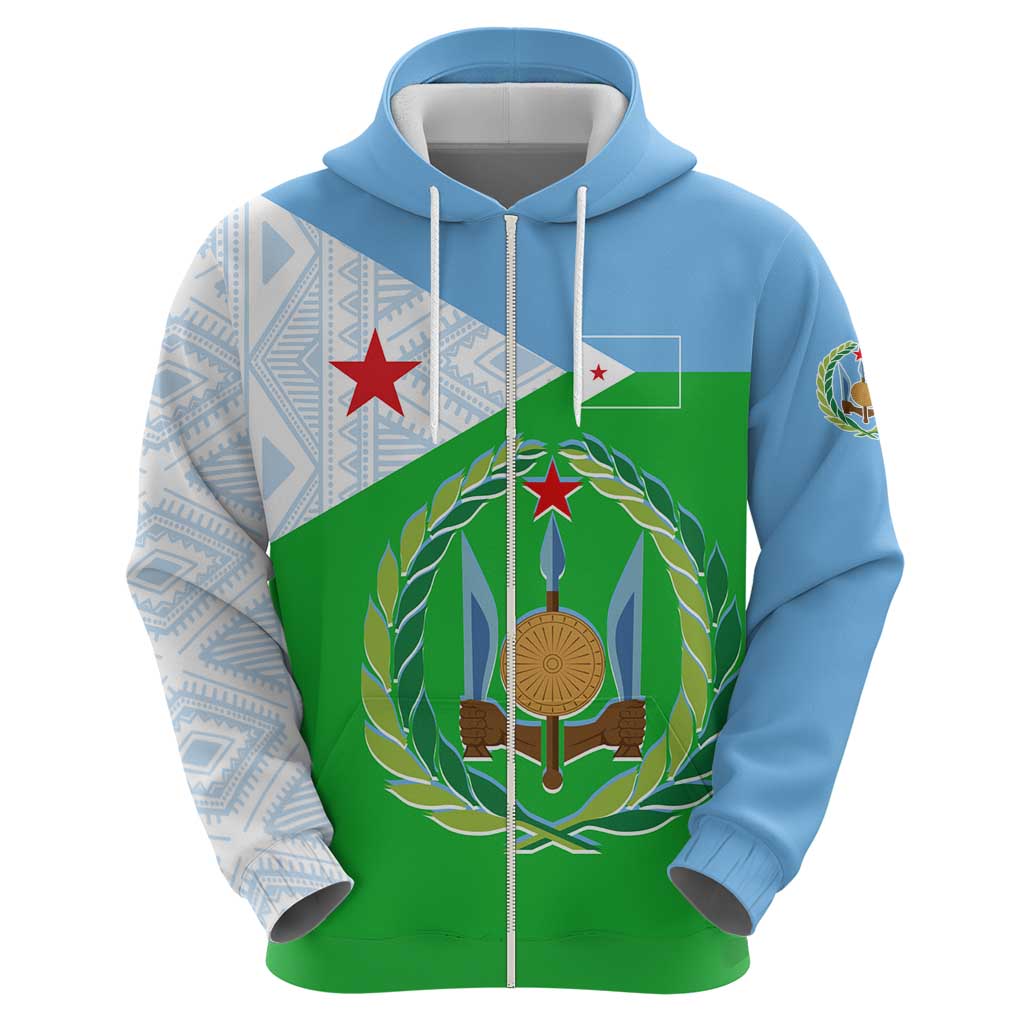 Djibouti Cultural Zip Hoodie National Emblem, Tribal Motifs and Red Star Symbol of Unity