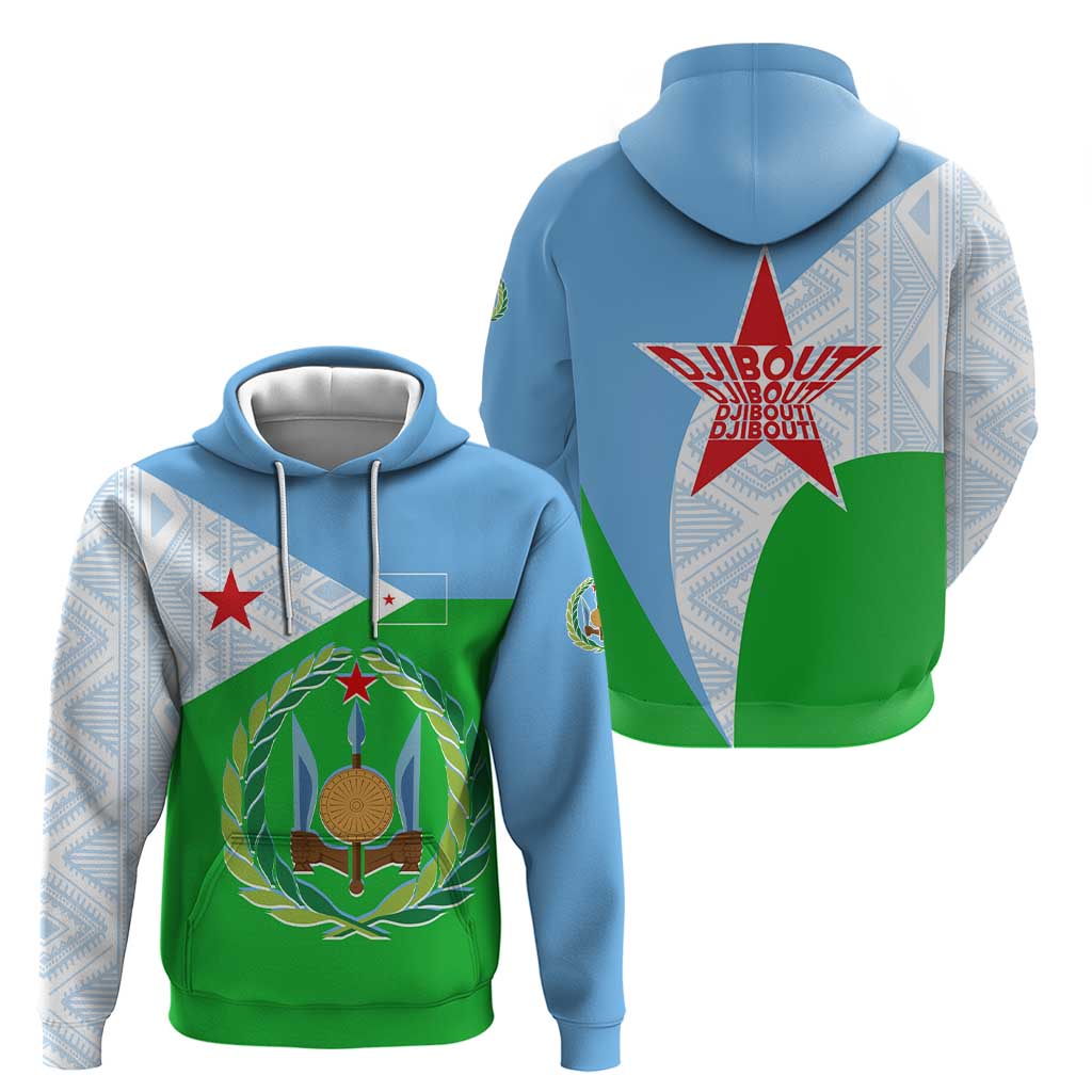 Djibouti Cultural Zip Hoodie National Emblem, Tribal Motifs and Red Star Symbol of Unity
