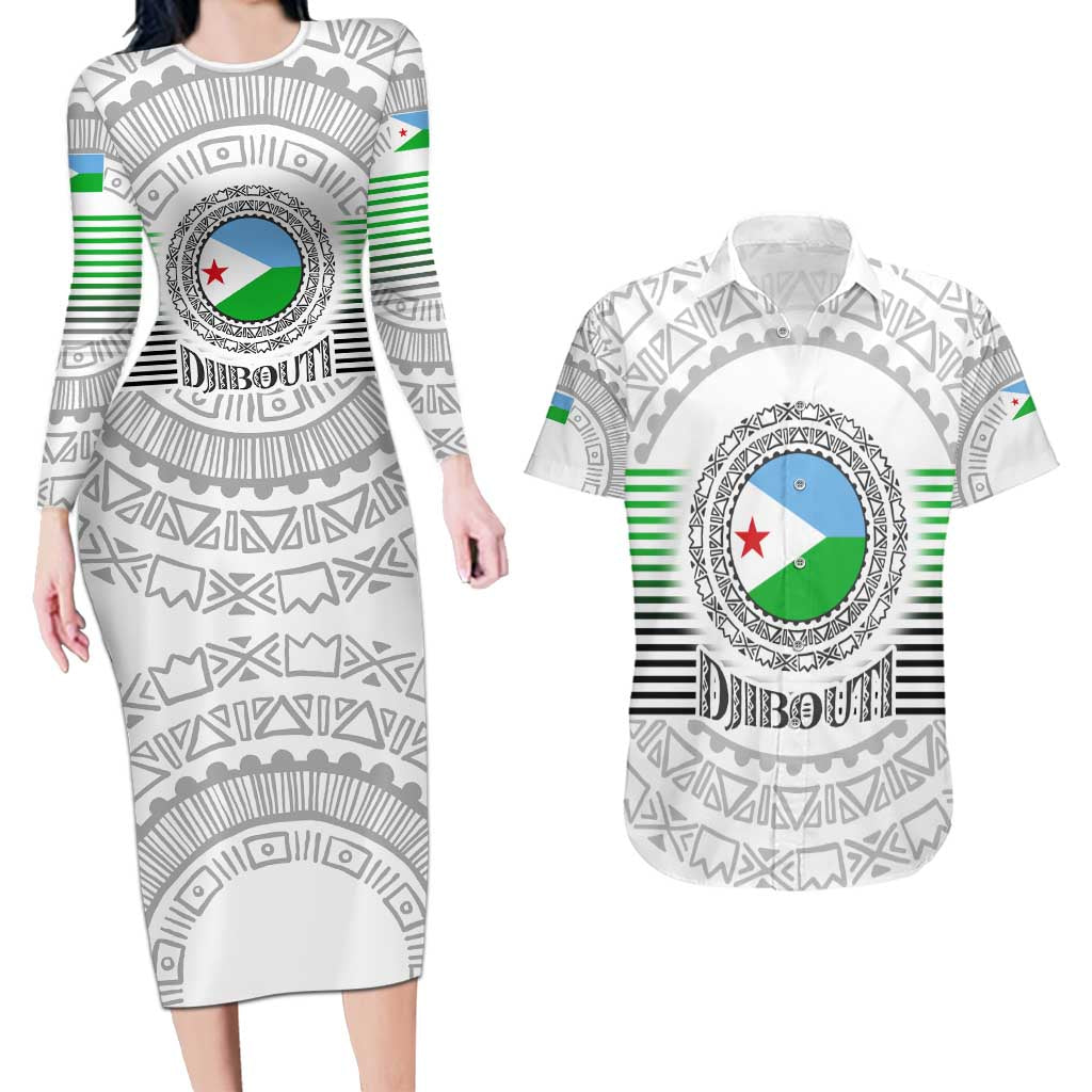 Djibouti Roots Couples Matching Long Sleeve Bodycon Dress and Hawaiian Shirt Urban Streetwear with African Tribal Design & Patriotic Elements
