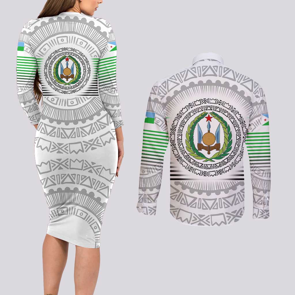 Djibouti Roots Couples Matching Long Sleeve Bodycon Dress and Long Sleeve Button Shirt Urban Streetwear with African Tribal Design & Patriotic Elements